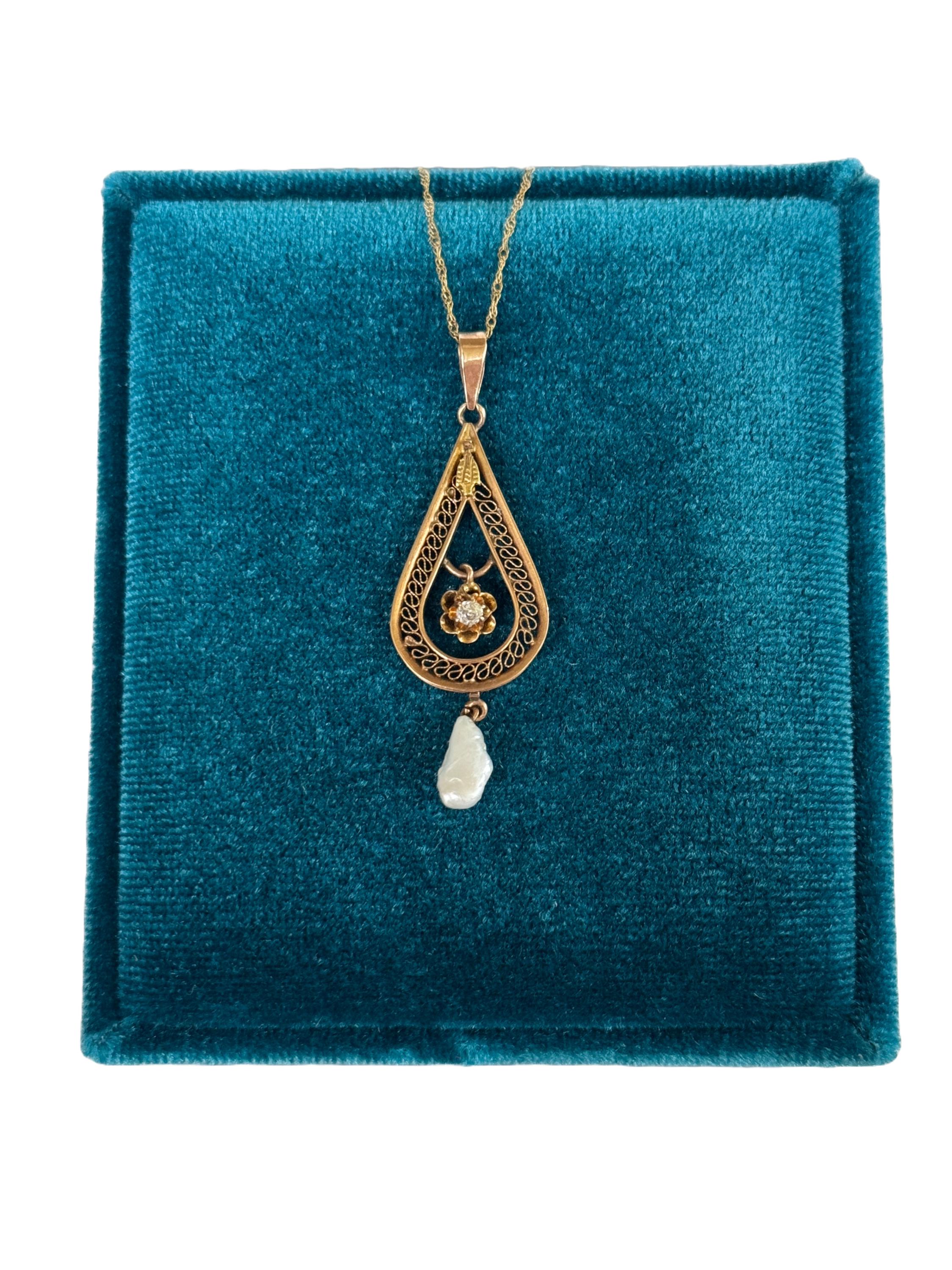 Antique Lavalier Necklace - Edwardian Era 10k Rosie Yellow Gold Genuine .11 CT Diamond Gem - Circa 1910s Filigree Style Buttercup Jewelry