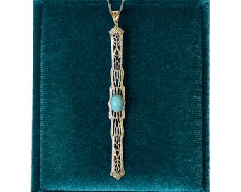 Art Deco Turquoise Pendant: 14k White Gold Filigree Necklace