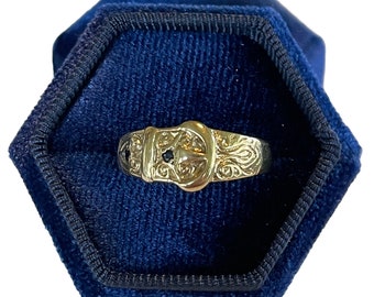 Vintage Sapphire Buckle Band - Victorian Style 9k Yellow Gold Belt Buckle Design Statement Ring - Size 10 Unisex Fine Jewelry