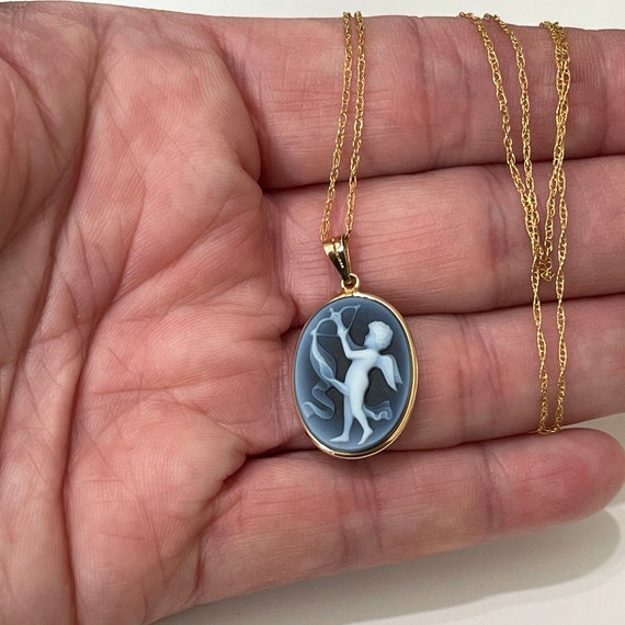 Blue Cupid Cameo Pendant | 14k Yellow Gold Neckla… - image 6