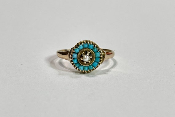 Turquoise & Seed Pearl Halo Ring - 14k Yellow Gol… - image 1