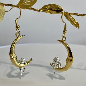 Cherub Hanging on Crescent Half Moon Dangle Drop Earrings- Angels Solid 18k Yellow Gold Plated & Sterling 925