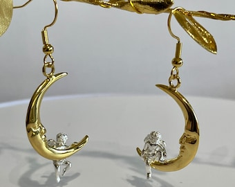 Cherub Hanging on Crescent Half Moon Dangle Drop Earrings- Angels Solid 18k Yellow Gold Plated & Sterling 925