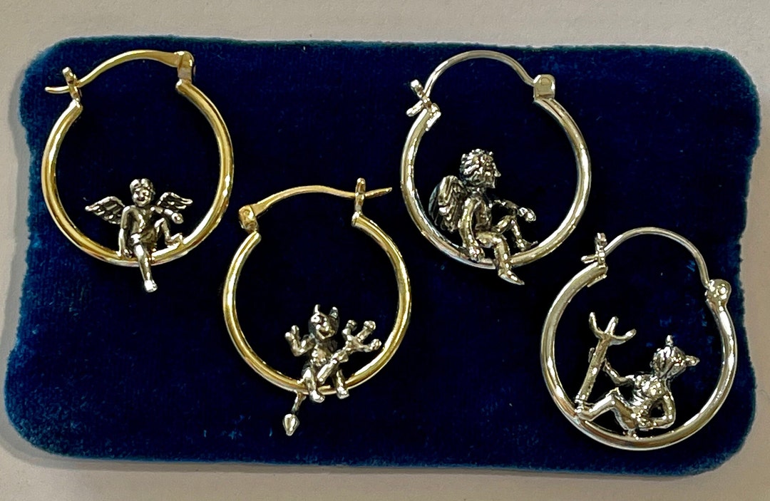 Angel and Devil Mix Matched Hoop Earrings, Detailed Adorable Angel and Devil Mix Matched Hoop Earrings, Detailed Adorable