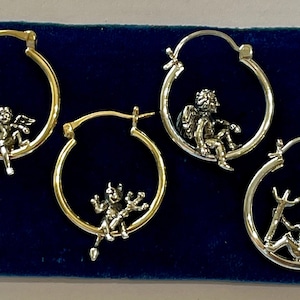 Angel and Devil Mix Matched Hoop Earrings, Detailed Adorable Cherub Demon Earrings, Asymmetry Earrings, SOLID 10k YG & Sterling Silver