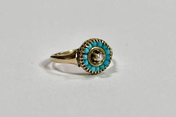 Turquoise & Seed Pearl Halo Ring - 14k Yellow Gol… - image 2