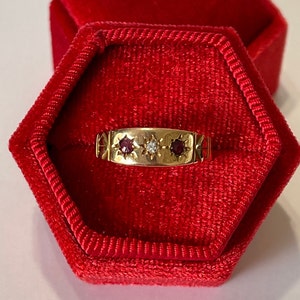 Genuine Ruby and Topaz Starburst Ring -15K rosey gold Edwardian Era- Genuine 3 Gemstone Band- Sz 8- Fine 1800’s Antique Ring