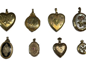 Antieke medaillonhangers -10k goud - 12k goud gevuld rouwmedaillon, zwaluwvogels, granaat, MOP, enz. Fijne vintage tijdperk medaillonhangers