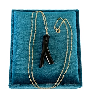 Natural Black Coral Branch Pendant Necklace- Signed 14k Yellow Gold Organic Black Jewelry