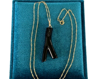 Natural Black Coral Branch Pendant Necklace- Signed 14k Yellow Gold Organic Black Jewelry