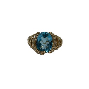 Anillo vintage de oro amarillo de 14 k con topacio azul y diamantes - Talla 7 1/4
