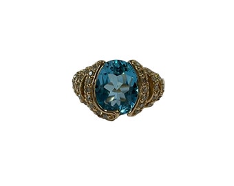 Vintage 14k Yellow Gold Blue Topaz Diamond Ring - Size 7 1/4
