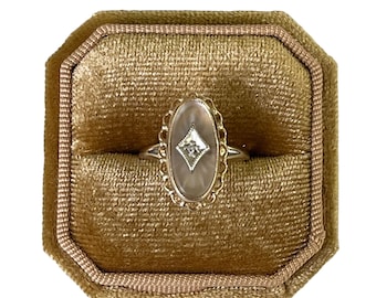 Rock Crystal Quartz Ring - Vintage Retro Era 10k Yellow Gold Genuine Diamond Statement - Circa 1940s Size 6 1/2 PSCO Jewelry