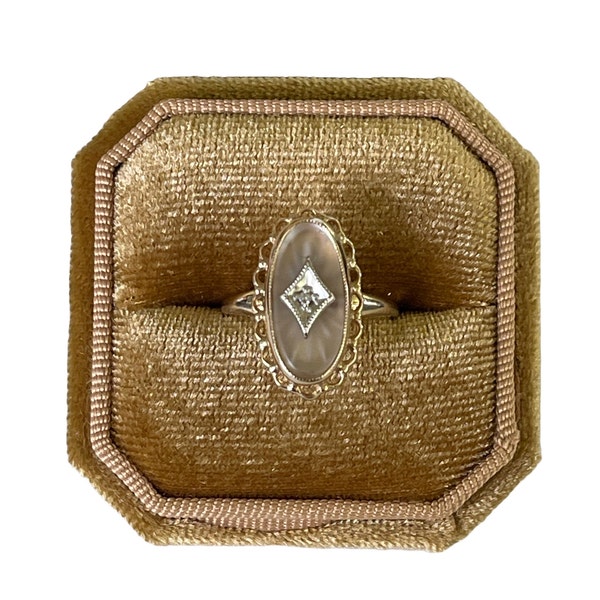 Rock Crystal Quartz Ring - Vintage Retro Era 10k Yellow Gold Genuine Diamond Statement - Circa 1940s Size 6 1/2 PSCO Jewelry