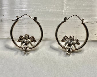 Angel Cherub front sitting Hoop Earrings -Solid Sterling Silver