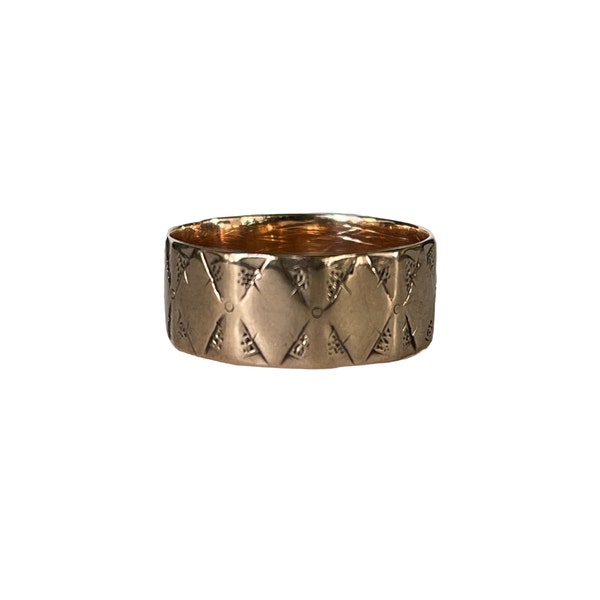 Antique Cigar Band - Edwardian Era 10k Rose Gold Decorative Geometric Design Wide Statement Ring - Vintage 1900s Size 8 3/4 Fine Jewelry