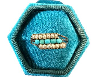 Anillo de turquesa y perlas - Oro vintage de 10k - Talla 8 3/4 - Joyería fina de mediados de siglo