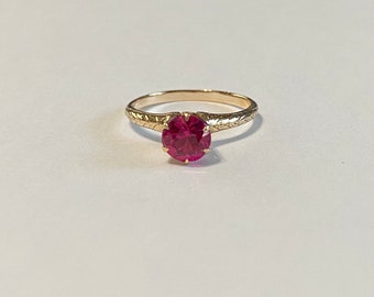 Pink Sapphire Ring - Vintage 14k Yellow Gold Pink Created Gem Solitaire - Art Deco 1930s Size 6-.84 ct Round Gemstone Fine Jewelry