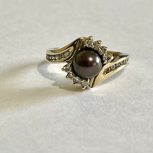 Anello con perla nera coltivata e diamanti, anello con perla nera e diamanti in oro giallo 14k, anello con perla nera, misura 7 1/2