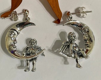 Cherub on the Moon Dangle Drop Earrings- **Solid** Sterling Silver-Chunky Angel Celestial Earrings