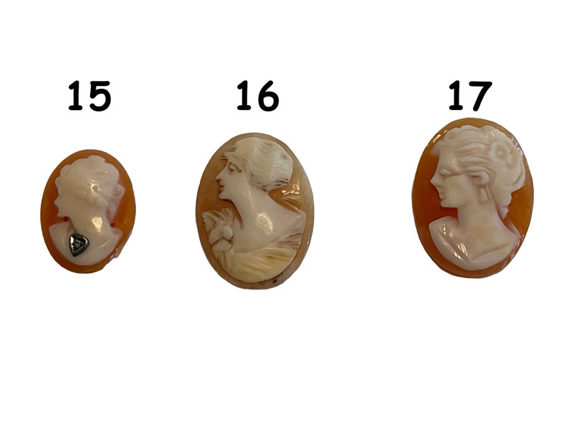 May include: Three cameo pendants with carved images of women's faces. The pendants are oval shaped and have a light brown background with white carvings. The pendants are numbered 15, 16, and 17.
