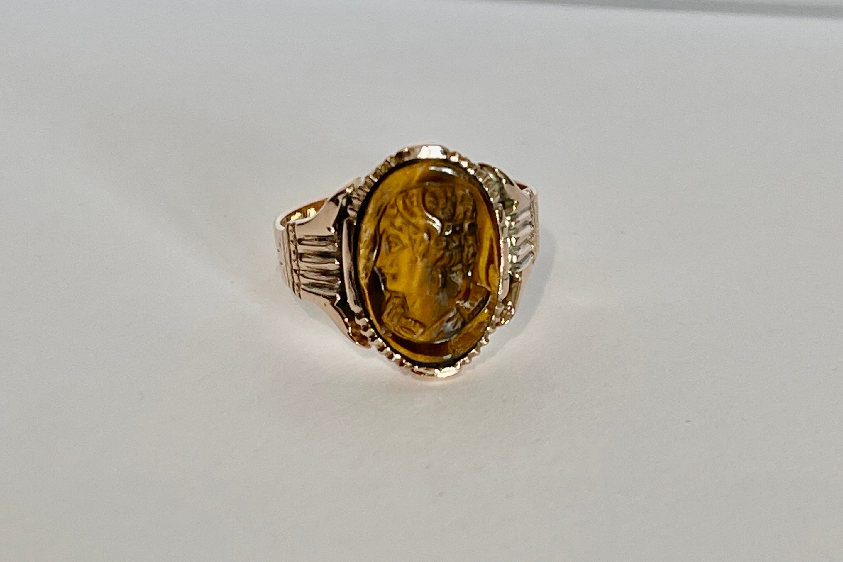 Victorian 9k Rose Gold Tigers Eye Cameo Ring - Birmingham 1900s