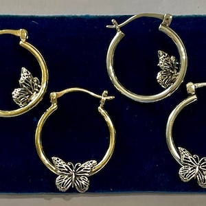 Butterfly Earrings- 10k Yellow Gold Sterling Silver Mismatched Butterfly Hoop Earrings- Hoops NOT hollow-NEW Patented Design