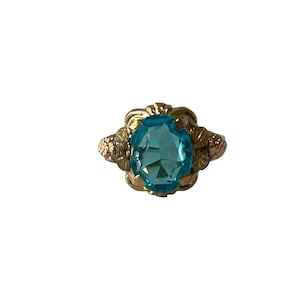 London Blue Glass Ring - 10k Yellow/Rose/Green Gold Simulated London Blue Topaz Ring - Size 5 Art Deco Era 1930s Era Fine Jewelry