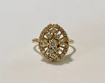 Anello con diamanti in oro giallo 18k - Anello da cocktail di metà secolo, misura 7,5
