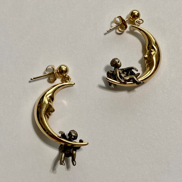 RARE Vintage 14k Gold + Sterling 925 Cherubs Sitting/Hanging on Crescent Half Moon Earrings