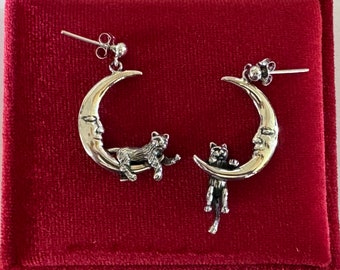 Sterling Silver Cat Moon Earrings: Celestial Kitten Jewelry- Patient Pending