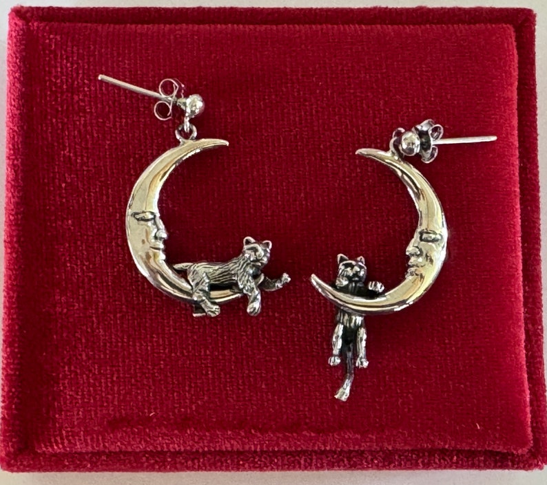May include: A pair of silver earrings featuring a crescent moon with a face and a cat hanging from it. The earrings are displayed in a red velvet box.