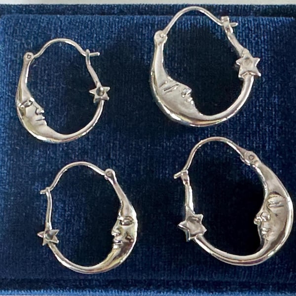 Sterling Silver Crescent Moon and Star Double Sided Hoop Earrings