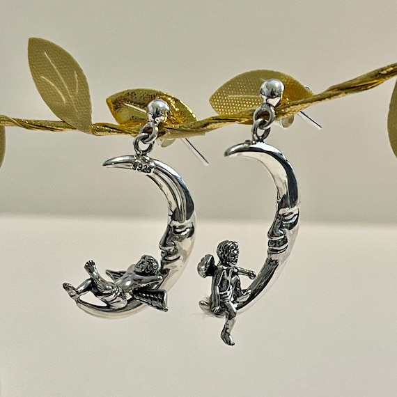 Cherub Relaxing on Crescent Half Moon Dangle Drop Earrings Angels