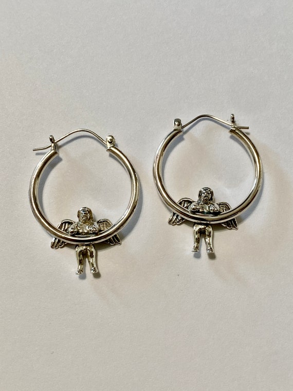 Angel Cherub hanging Hoop Earrings -Solid Sterling