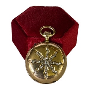 Orologio da tasca antico Jules Gallet - epoca vittoriana in oro giallo 14k con diamanti taglio rosa da 0,42 carati incastonati a stella - cassa Lady Racine