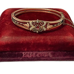 Victorian Garnet & Seed Pearl Bracelet - 1860s Rose Gold Plated Bangle