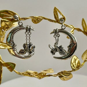 Angel Earrings-Crescent moon celestial earrings featuring the cutest "SWINGING" cherub angels earrings-Solid Sterling Silver-PATENTED DESIGN