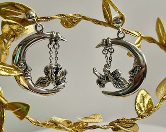Angel Earrings-Crescent moon celestial earrings featuring the cutest &quot;SWINGING&quot; cherub angels earrings-Solid Sterling Silver-PATENTED DESIGN