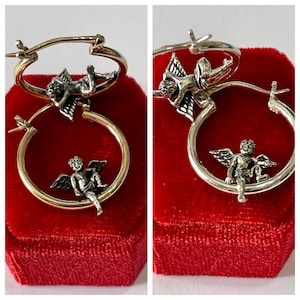 Angel Cherub Mix Matched Hoop Earrings-10k Yellow Gold Hoop Earrings or Sterling Silver Lounging & Sitting Angel Earrings-Patent Design