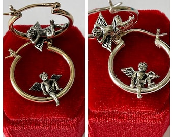 Angel Cherub Mix Matched Hoop Earrings-10k Yellow Gold Hoop Earrings or Sterling Silver Lounging & Sitting Angel Earrings-Patent Design