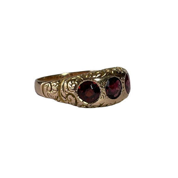 Garnet Ring -14K Rosey Gold Victorian Era- 1.10 ctw multi Genuine Gemstone Band- Sz 8 3/4- Fine 1800’s Antique January Birthstone Ring
