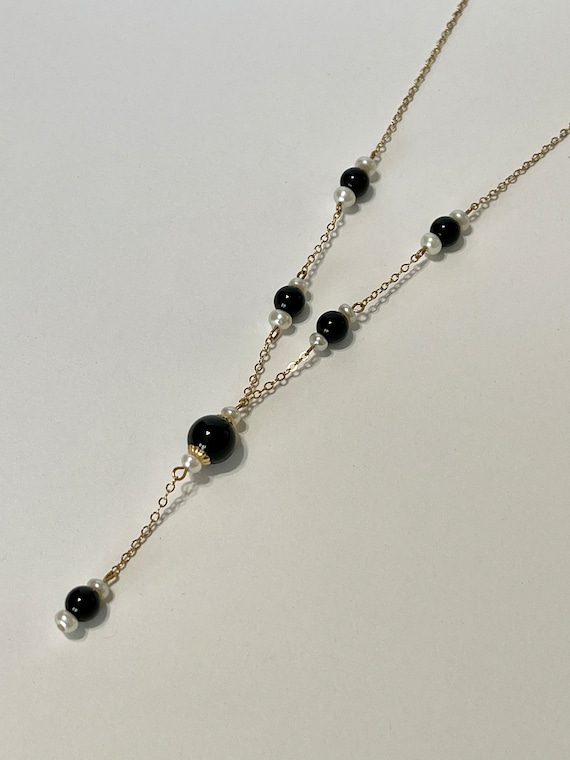 Onyx & Pearl Drop Necklace-14K Yellow Gold Y Neckl