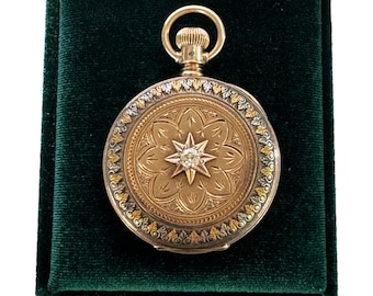 Relógio de bolso americano Waltham tri-ouro 14k vitoriano com diamante