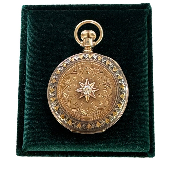 American Waltham 6s/13j Pocket Watch- Victorian Era 14k TRI-Gold Detailed Floral Engraved with a Old European Cut Diamond .45ct - Fine 1800s