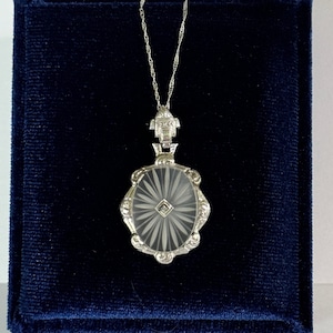 Rock Crystal Quartz Necklace - Art Deco 14k White Gold Genuine Diamond Pendant - Vintage Circa 1930s Era Statement Filigree Fine 30s Jewelry