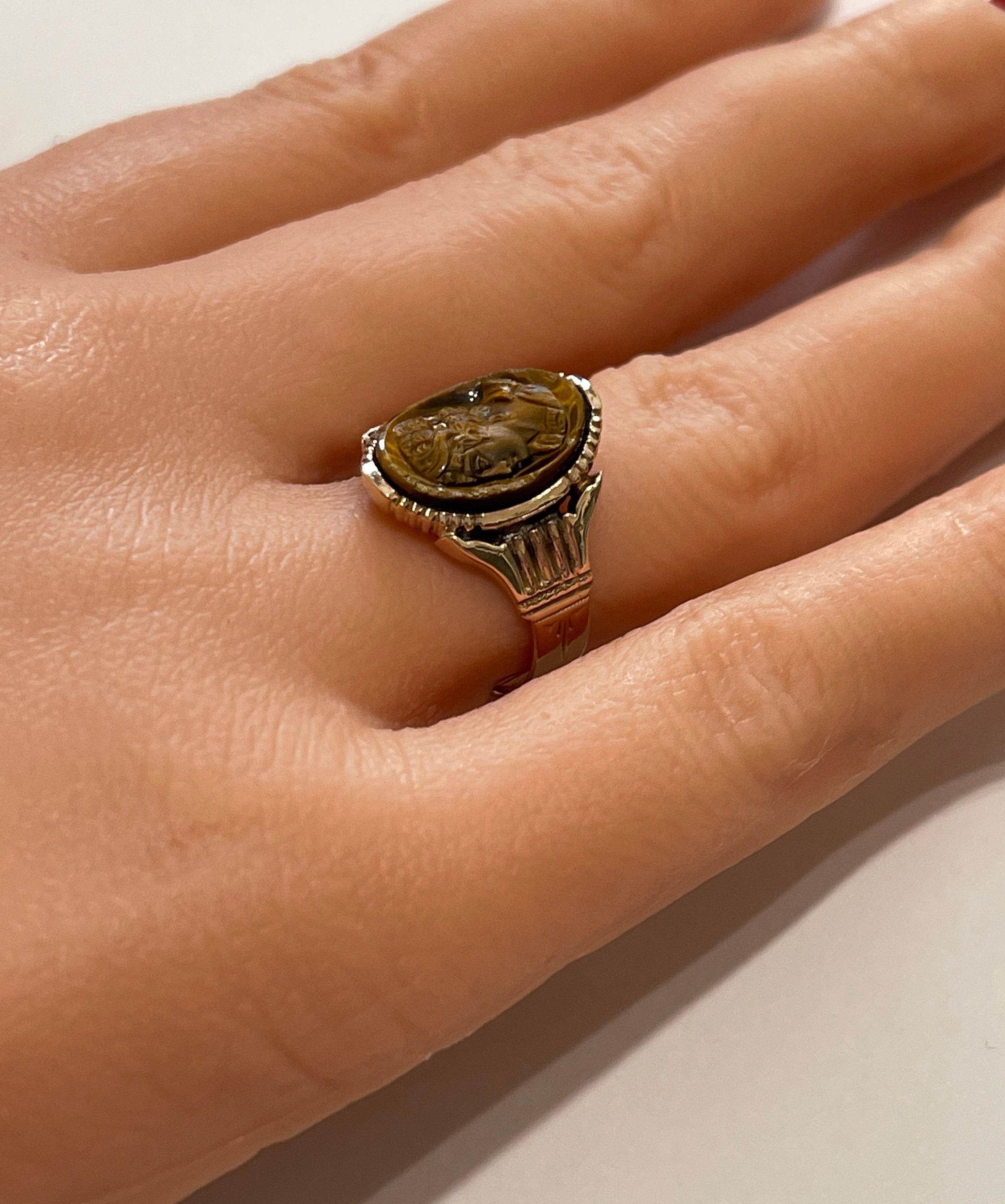 Victorian 9k Rose Gold Tigers Eye Cameo Ring - Birmingham 1900s