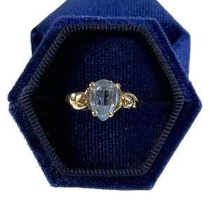 Vintage 1940s Blue Topaz Ring: 10k Yellow Gold Pear Cut, Size 7.25