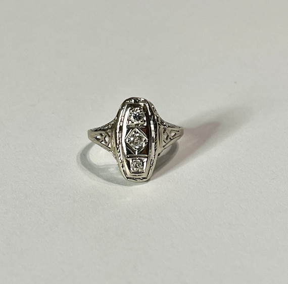 Art Deco Ring - Vintage 14k White Gold  Shield St… - image 2
