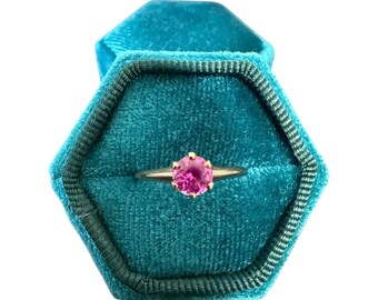 Pink Sapphire Ring - Vintage 10k Yellow Gold Pink Created Gem Solitaire - Art Deco 1930s Size 6 1/4 -.46 ct Round Gemstone Fine Jewelry